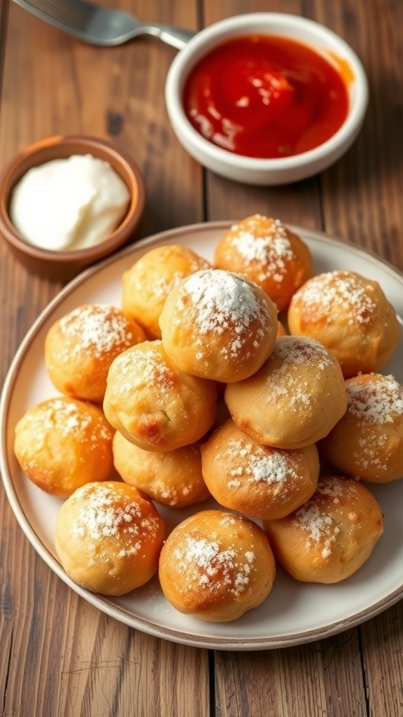 Mashed Potato Zeppole Recipe Golden-brown mashed potato zeppole on a plate with powdered sugar, served with marinara sauce and sour cream.